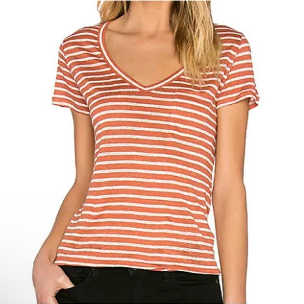 Paige Lynnea Striped V-Neck Linen T-Shirt